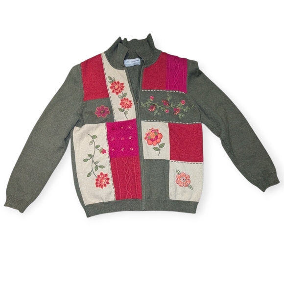 Womens Alfred Dunner Zip Up Sweater Floral Size LP Grandma style - Picture 1 of 5